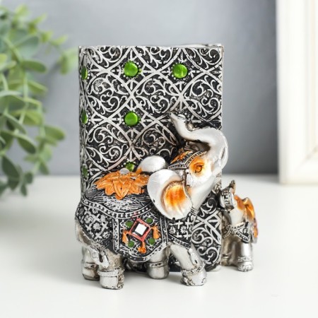 Souvenir Polystone Pencil "Elephant and Elephant in Popone with Flower" Silver 8.5x9x11.5 cm-2