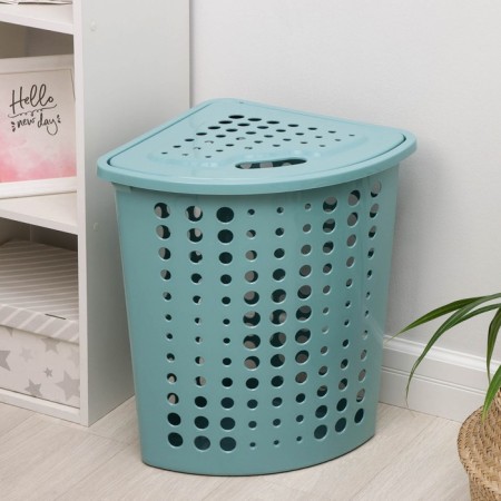 A corner underwear basket with a lid "Moletta", 45 l, 40 × 51 × 53 cm, turquoise color