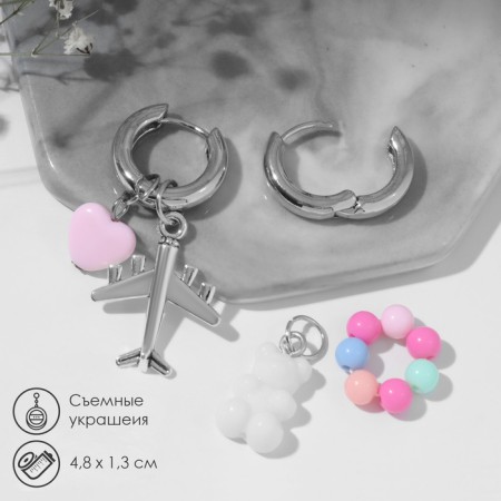 Earrings with the removable element "Transformer" Bear and heart, colored in silver