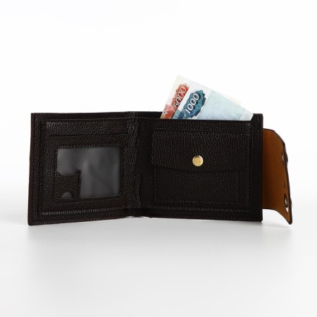 Male purse on magnets, department for bills, for cards, for coins, brown color-4