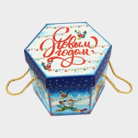 New Year. The gift box New Year's hexagon is small "Winter Fun" with rope pens, 210x210x185 mm.-2