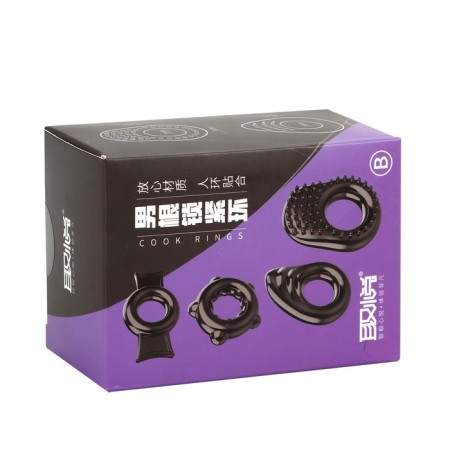 Erection rings of Box B, set 4 pcs, gel silicone, black