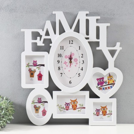 Multi -chamber with the clock "Family" plastic, 5 photos (10x15/4pcs, 10x10/1 pcs) cent. white