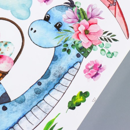 Sticker Plastic Interior Color Rostomer "Dinosaurus and Basket with Flowers" 50x70 cm-2