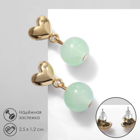 Earrings Assorted "Hearts" with beads, green color in gold