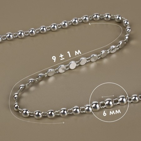 Beads on threads, flat, 6 mm, 9 ± 1 m, silver color