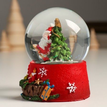 Souvenir Polystone Water Ball "Grandfather Moroz hangs a garland on the spruce" 7x8x9 cm-3
