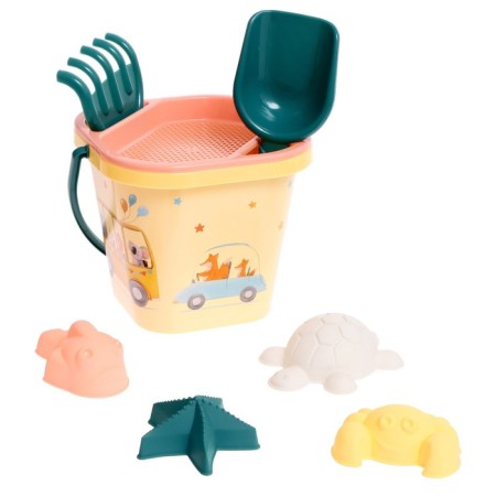 Set for playing in the sand: bucket, sieve, scoop, rake, 4 molds