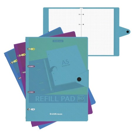 A notebook on the rings A5, 80 sheets in the Erichkrause "Glance Vivid", a plastic cover on a button, an offset unit, a whiteness is 100%, mix
