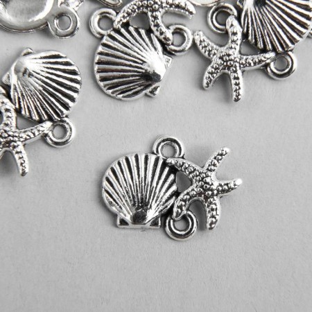 Connector Metal for creativity 2 ears "shell and sea star" silver 1.8x1.4 cm