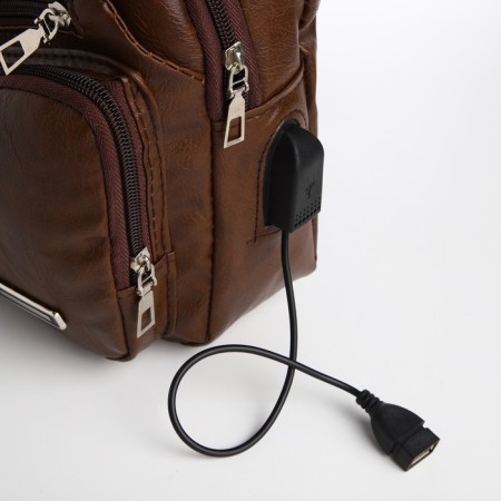 Male sling bag made of artificial leather, with USB, dark brown color-3