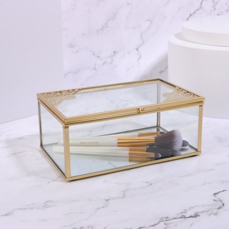 Great organizer for storage, with a lid, glass, with a mirror -bottom, 1 section, 17 × 10.5 × 7 cm, the color is transparent/copper-2