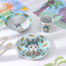 A set of children's utensils from ceramics of the Dilan “Cute Bunny”, 3 objects: a mug 230 ml, a bowl of 400 ml, a plate d = 18 cm, white color