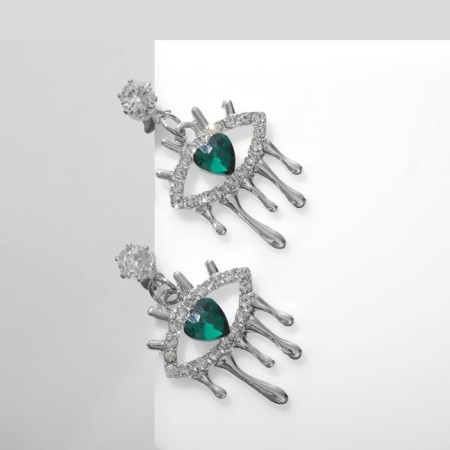 Earrings with rhinestones "melting" eyes, white-green color in silver-1