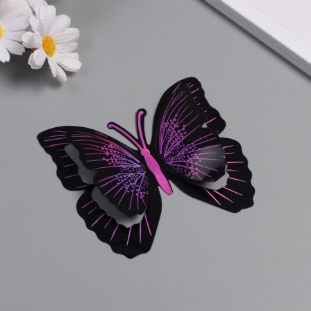 Plastic sticker "Black butterflies with purple" double wings set 12 pcs 12 cm, 10 cm 8 cm 105242-1