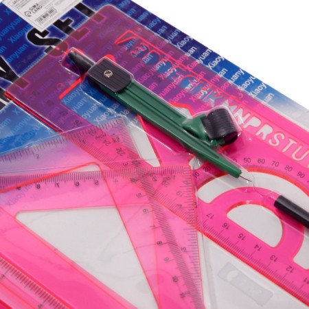 Set of geometric, drawing, blister: ruler 30 cm, 2 triangles, transporter, eraser, compass, ruler with stencils, tinted, mix-2