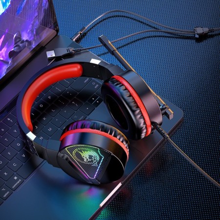 Hoco W104 headphones, gaming, invoices, microphone, USB + 3.5 mm, 2 m, black and red-4