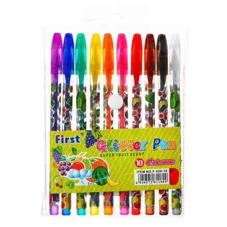 A set of gel pens, 10 colors, metallic, a body with a pattern, in a blister on a button