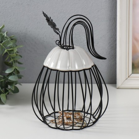 Vazon Metal souvenir, ceramics "Pumpkin with a leaf" Black with white 14.3x14.3x21 cm