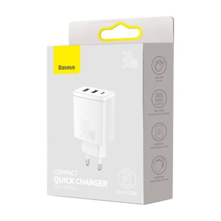 Charger Baseus Compact Quick Charger 2*USB+USB-C, 3A, 30W, White-10