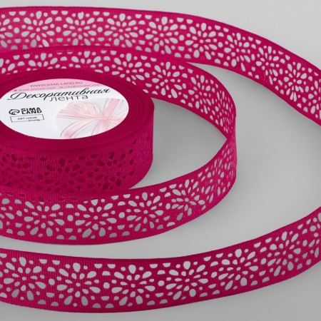 The tape is decorative, repable, openwork, 25 mm × 9.1 ± 0.5 m, raspberry color