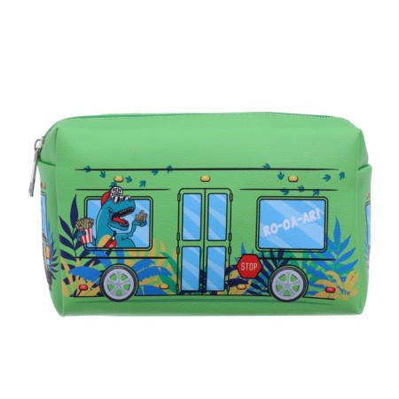 Penal soft, 1 compartment, 100 x 180 x 80 mm, voluminous "bus with dinosaurs" Green-2