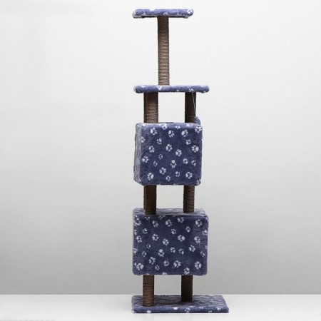 House for cats with a claw, with a site and shelf, 65 x 51 x 173 cm, gray with paws-1