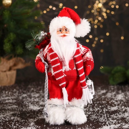 Santa Claus "In a sweater with deer and flashlight" 30 cm, white-red