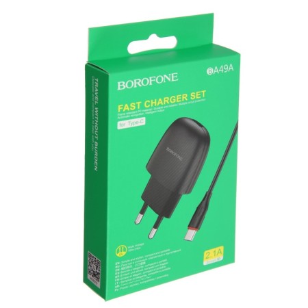 Network charger Borofone BA49A, USB, 2.1 A, Type-C cable, 1 m, black-3