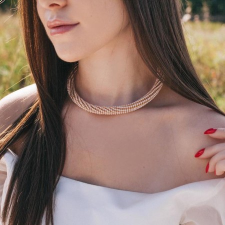 Set 2 objects: earrings, necklace with pearls "Giselle" dense thread, white-golden color, 35 cm-1
