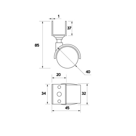 Furniture wheel, d = 40 mm, with an U-shaped mount, without a brake-1