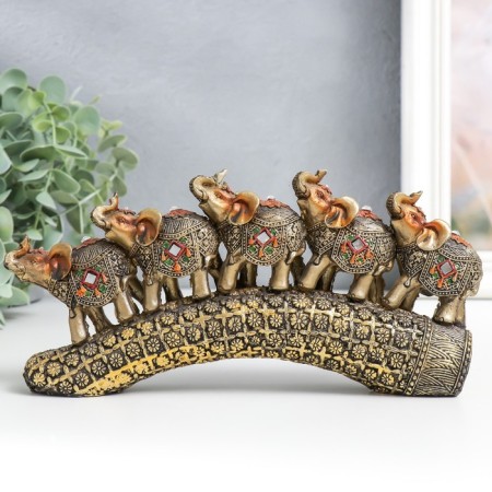 Polystone souvenir "Five elephants on a tusk with flowers" Bronze 20.5x4x11 cm