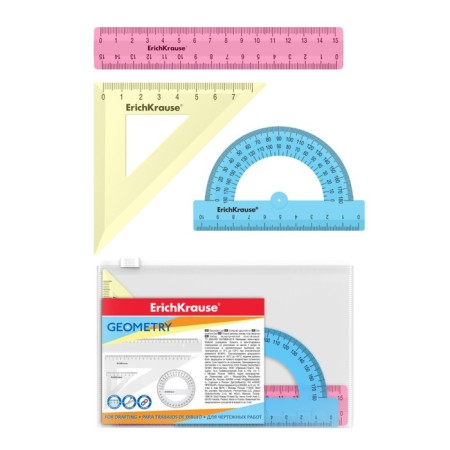 Geometric Erichkrause Pastel, plastic, small (ruler, square, transporter), mix of 3 colors, in a ZIP package