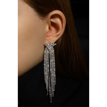 Hanging earrings with rhinestones "Waterfall" bow, white color in silver, 10 cm-6
