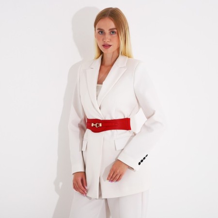 Women's belt, width 6 cm, elastic band, metal buckle, red color-4