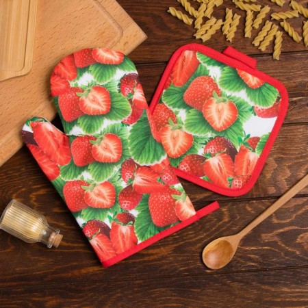 Kitchen set of the shade "strawberries" view 2, take 17*17 cm, mitten 26*16 cm, 100% p/e