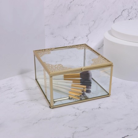 Great organizer for storage, with a lid, glass, with a mirror -bottom, 1 section, 15 × 15 × 8.5 cm, the color is transparent/copper-2
