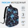 A backpack with a zipper, 3 external pockets, blue/black color