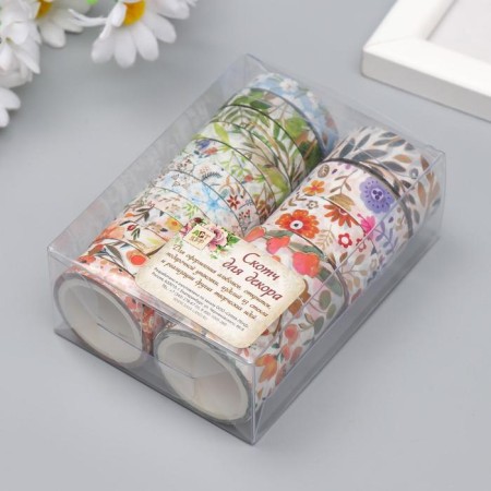 Adhesive tape paper "Flowers" set 18 pcs width 0.8; 1.5 cm length 3 meters 9.5x7x3.5 cm-2