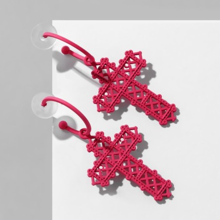 Emall earrings "cross" openwork, matte pink color