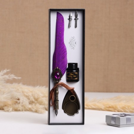 Gift set 3v1 "Relief": feathers, ink, tips, purple-1