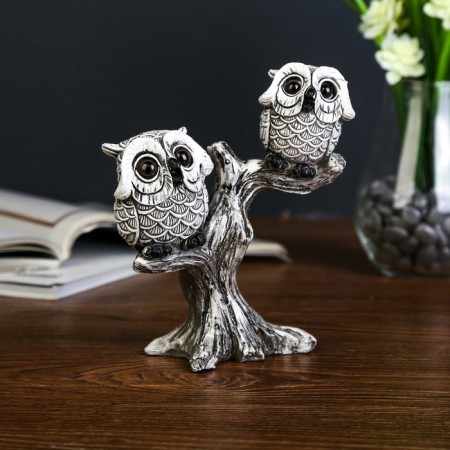 Polystone souvenir "Two small owls with big eyes on the tree" 16.5x14.5x6 cm-1
