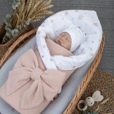 Одеяло-конверт на выписку KinDerLitto «Муслин №3», с бантом на резинке, 90х90 см, цвет пудра