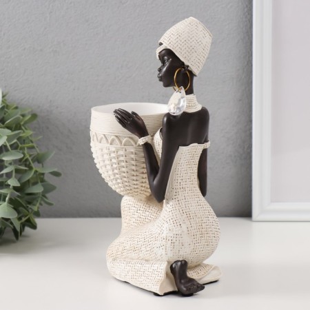 Souvenir Polystone stand "African sits, with a wicker pot" White 14x9x24 cm-1