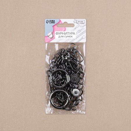 Fittings for bag No. 2, set 4 objects, carbine - 2 pcs, chain, buttons, metal, black nickel-4