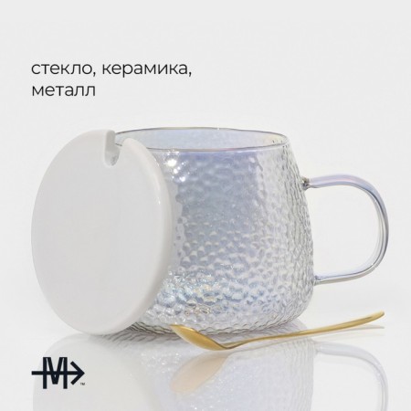 Glass mug with a lid and a spoon Magistro "Diamant", 450 ml, pearly color-1