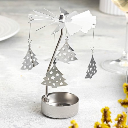 Candle rotating "carousel with Christmas trees", silver, metal-1