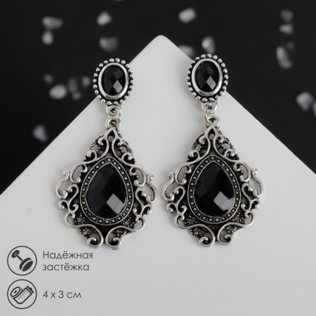 Earrings with rhinestones "Extraordinary" openwork, black color in black silver