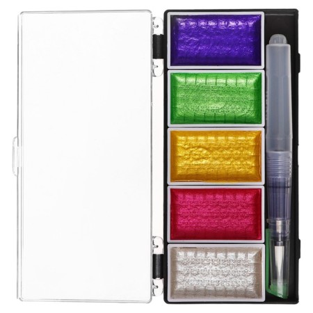 Watercolor paints, pearl, + brush, in a plastic box, 5 colors-3