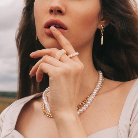 Ring set 3 pieces "Crystals" pearls, beige-white color, size mix-2